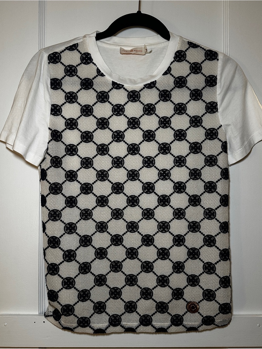 Tory Burch Logo Lace Embroidery White/Navy T-Shirt